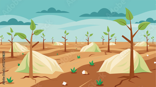 A field of parched plants struggling to survive under a thin layer of plastic a stark reminder of the devastating impact of climate extremes on agriculture.. Vector illustration