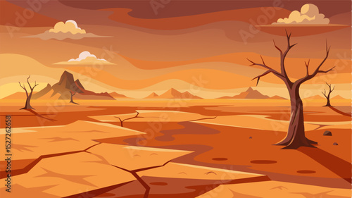 A vast expanse of barren wasteland the lack of vegetation mirroring the emptiness and despair felt by those living through the drought.. Vector illustration