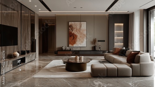 Luxury living room with marble flooring, designer sofa set, abstract art, and a sleek entertainment system