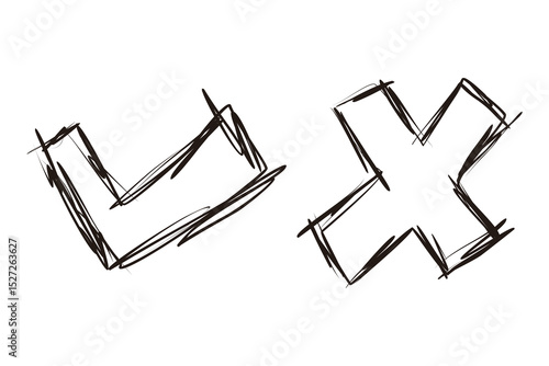 Hand-drawn check and cross mark icons. Vector illustration with brush or marker-style strokes. Ideal for casual or creative designs.