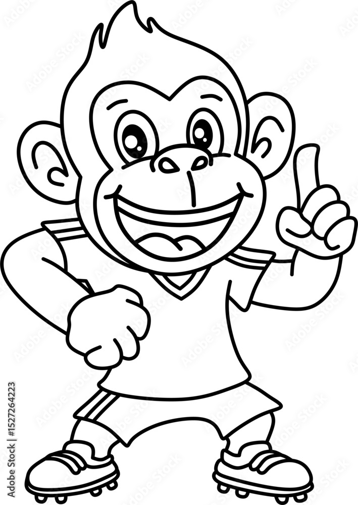 Obraz premium Black and white line art of a happy cartoon monkey giving a thumbs up and holding a soccer ball. Simple design perfect for coloring or basic illustrations