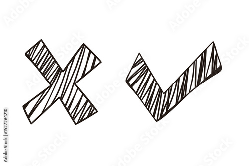Hand-drawn check and cross mark icons. Vector illustration with brush or marker-style strokes. Ideal for casual or creative designs.