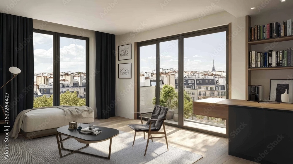 Fototapeta premium Stylish home office in a studio apartment with workspace blending into decor