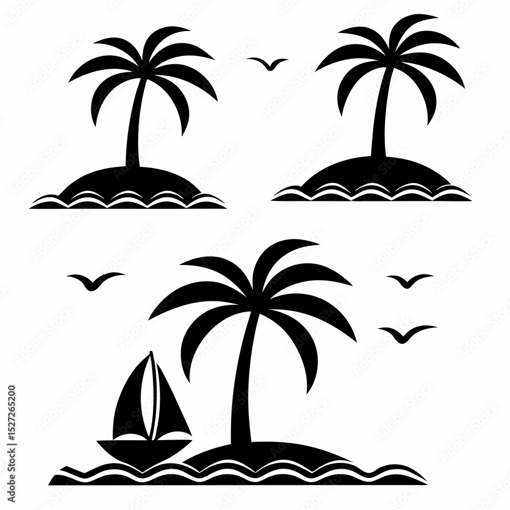 Tropical island icons palm trees sailboat and birds Tropical island icons palm trees sailboat and birds