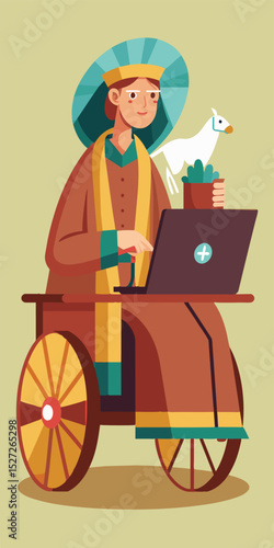 Sitting on a horsedrawn cart a healer in traditional robes uses a laptop to research and prescribe remedies for her patients.. Vector illustration