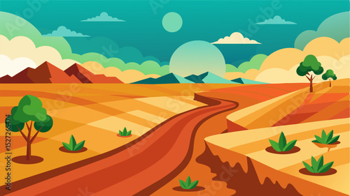 A visual representation of the impact of climate change on agricultural land with vast stretches of barren fields and dying crops.. Vector illustration