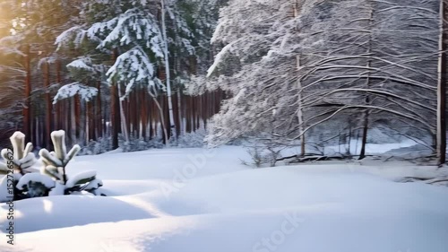 Peaceful winter landscape featuring snow covered evergreen trees in a forest setting, sun glistening through the branches in soft focus, scenic