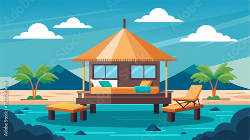 Rich wooden furnishings and a plush daybed make for the ultimate workfromhome set up in a luxurious overwater bungalow.. Vector illustration