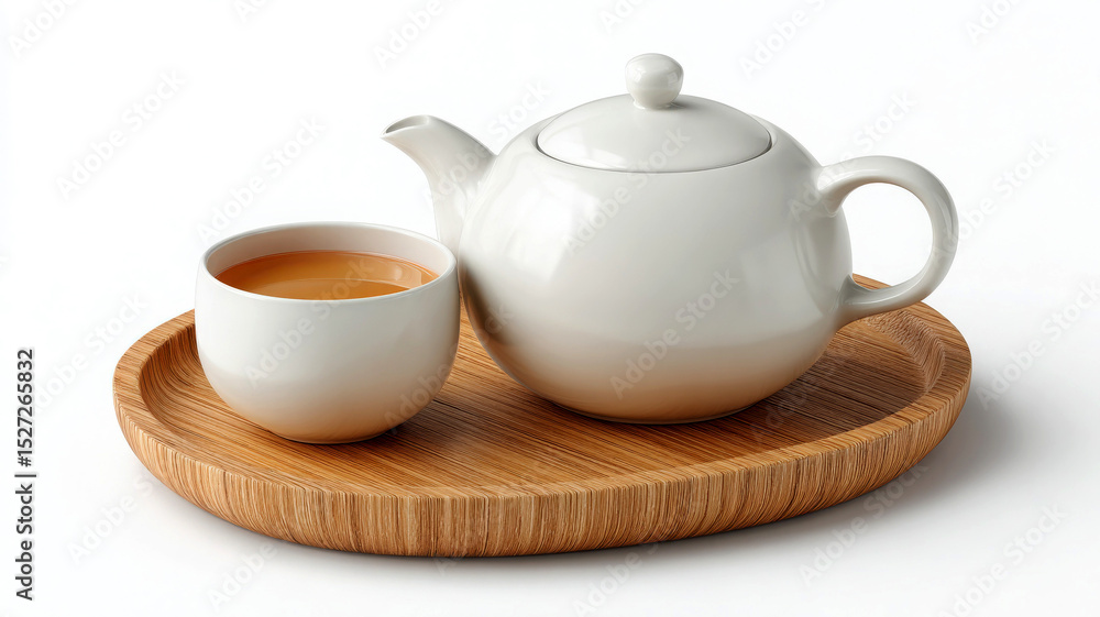 White teapot and cup on wooden tray White teapot and cup on wooden tray