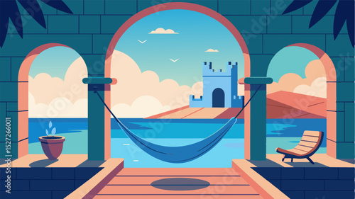 The castles courtyard transformed into a serene outdoor workspace complete with a hammock and a view of the sparkling ocean beyond.. Vector illustration