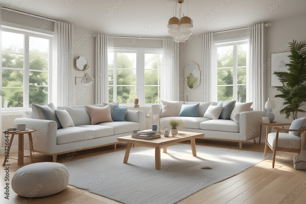 Fototapeta premium Elegant Natural Light Living Room with Neutral Tones and Greenery