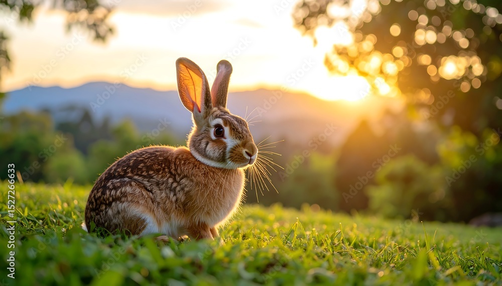 Obraz premium Brown Rabbit in Sunset Meadow