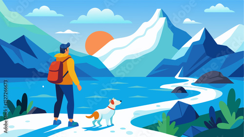 The digital nomad takes their furry companion for a walk along the lakes edge enjoying the company of their loyal dog while taking in the sights and sounds of the remote glacier.. Vector illustration