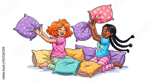  Happy carefree sisters pillow fight pajama party cartoon vector illustration
