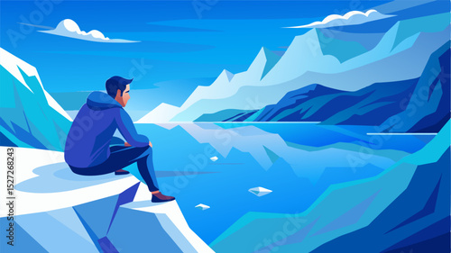 In the midst of a creative block the digital nomad takes a break to climb up the glaciers edge marveling at the deep blue hues of the frozen lake below and finding inspiration in. Vector illustration
