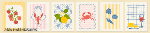 A set of abstract vintage posters depicting food. Amalfi, dolce vita style. Hand-drawn lemons, crab, lobster, tomatoes, wine, and cheese. Mediterranean cuisine. Trendy design for postcards, printing