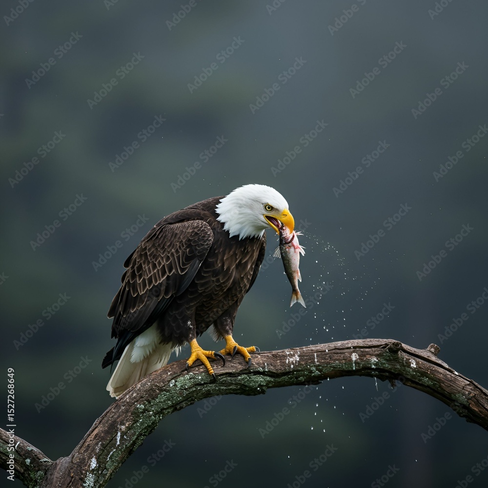 Fototapeta premium Predatory Bald Eagle Gripping Fish on Forest Branch