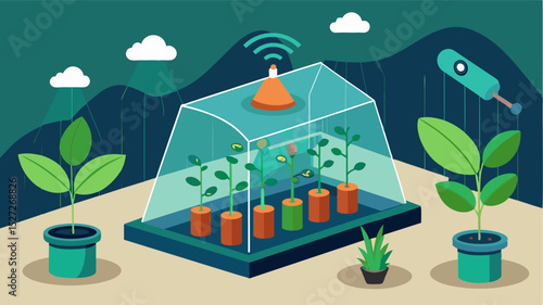 An autonomous greenhouse equipped with imaging technology that tracks plant growth and detects any disease or pest infestations.. Vector illustration