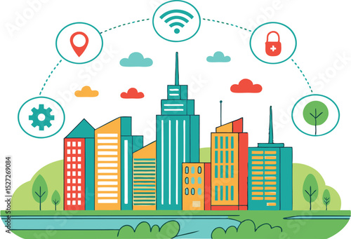 Smart city illustration modern buildings connected technology icons