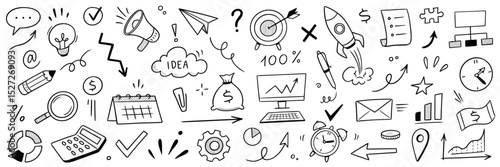 Wallpaper Mural Business money sketch idea icon set. Hand drawn sketch elements for startup, project, goal and teamwork. Business graphic chart, rocket, growth marketing concept in chalkboard. Vector illustration Torontodigital.ca