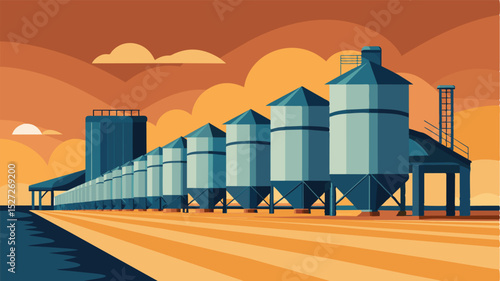 A row of empty grain silos stand tall against the horizon their chutes sealed tight and their conveyor belts still a somber symbol of the closed grain depot.. Vector illustration