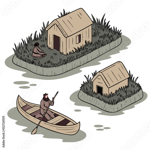 Floating Reed Islands of Lake Titicaca with Traditional Houses and Canoes. Perfect for: Virgen de la Candelaria, Lake Titicaca (Puno, Peru)