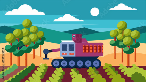 A robotic vehicle resembling a miniature tank navigates through a vineyard collecting data on g quality and riss.. Vector illustration