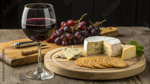 Selection of cheeses and crackers with a glass of red wine and grapes on a wooden board