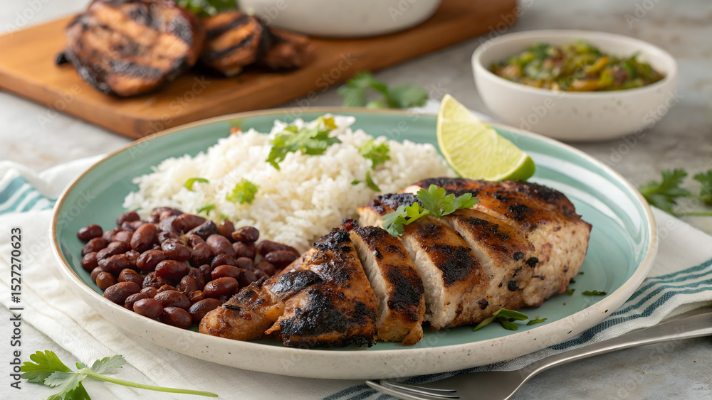 Grilled Chicken Breast with Rice and Beans Served on a Plate with Lime and Cilantro Garnish Delicious Meal Grilled Chicken Breast with Rice and Beans Served on a Plate with Lime and Cilantro Garnish Delicious Meal