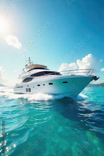 A pristine, white yacht glides across turquoise waters under a vibrant summer sky; sun-drenched deck, glistening sea, luxurious escape , travel, expensive, majestic