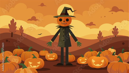 A lone scarecrow standing guard over a field of wilted pumpkins its once outstretched arms now drooping and lifeless.. Vector illustration