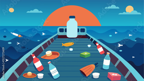 A closeup of the deck of an empty fishing boat reveals discarded plastic bottles and other debris highlighting the issue of pollution in our oceans and its devastating effects on. Vector illustration