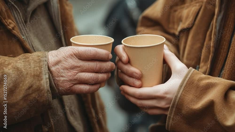 Sharing the Warmth: An act of kindness unfolds as a weathered hand offers a cup to another, their gesture speaks volumes about empathy and compassion, the essence of human connection. Sharing the Warmth: An act of kindness unfolds as a weathered hand offers a cup to another, their gesture speaks volumes about empathy and compassion, the essence of human connection.