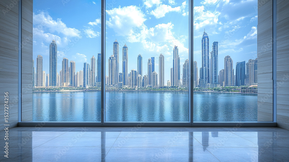 Obraz premium stunning view of modern city skyline through large window, showcasing tall buildings and serene