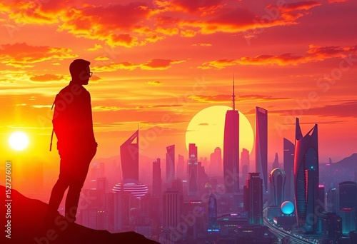 Sunset silhouette against vibrant futuristic cityscape    hope   stylish