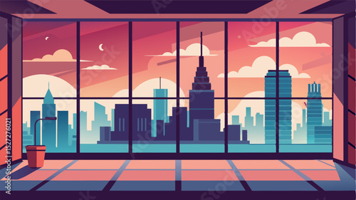 Floortoceiling windows provided an impressive view of the bustling cityscape below giving the freelancer endless inspiration.. Vector illustration