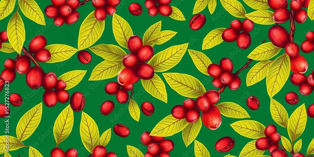 Vibrant seamless pattern of hand-drawn coffee branches & beans, coffee plant, coffee Vibrant seamless pattern of hand-drawn coffee branches & beans, coffee plant, coffee