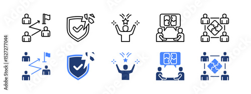 Team building icon set with Teamwork, Trust, Motivation, Problem Solving, Team Building.