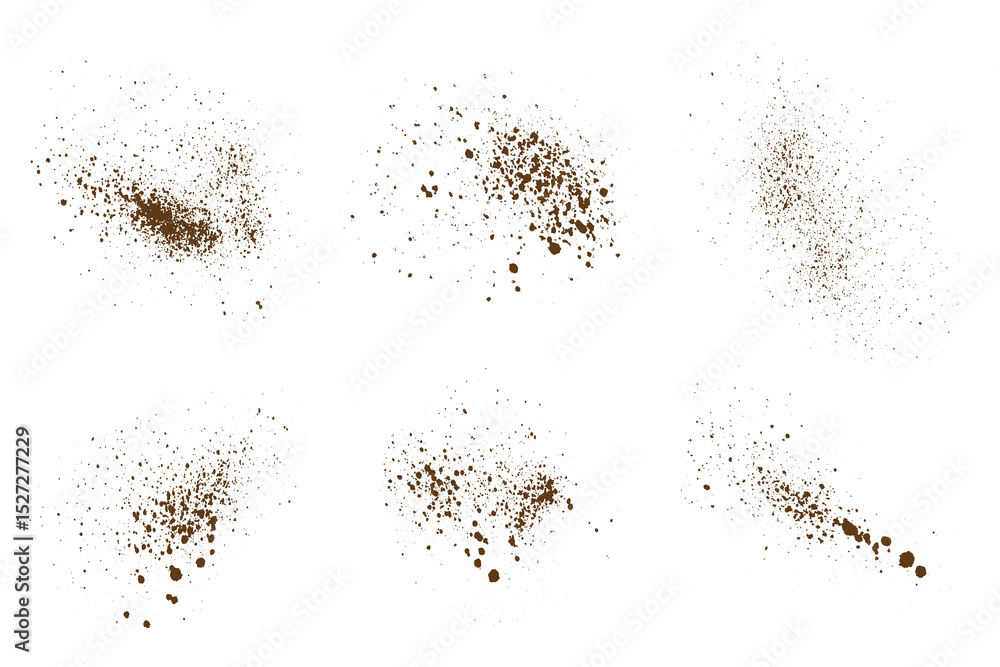 Flying coffee collection of particle splatter isolated background Flying coffee collection of particle splatter isolated background