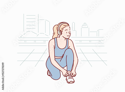 Woman Tying Shoelaces Before Workout. Hand drawn style vector design illustrations.