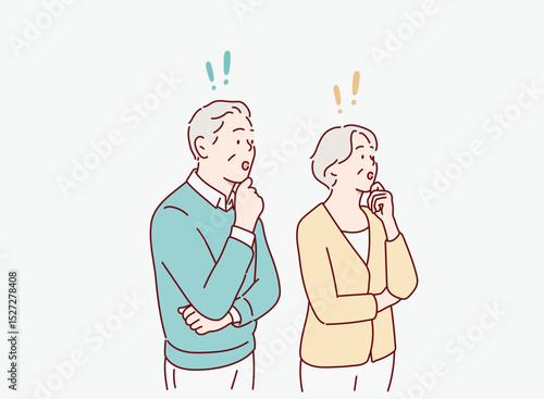 Elderly Couple Understanding and Solving a Problem. Exclamation mark. Hand drawn style vector design illustrations.