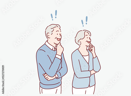 Elderly Couple Understanding and Solving a Problem. Exclamation mark. Hand drawn style vector design illustrations.