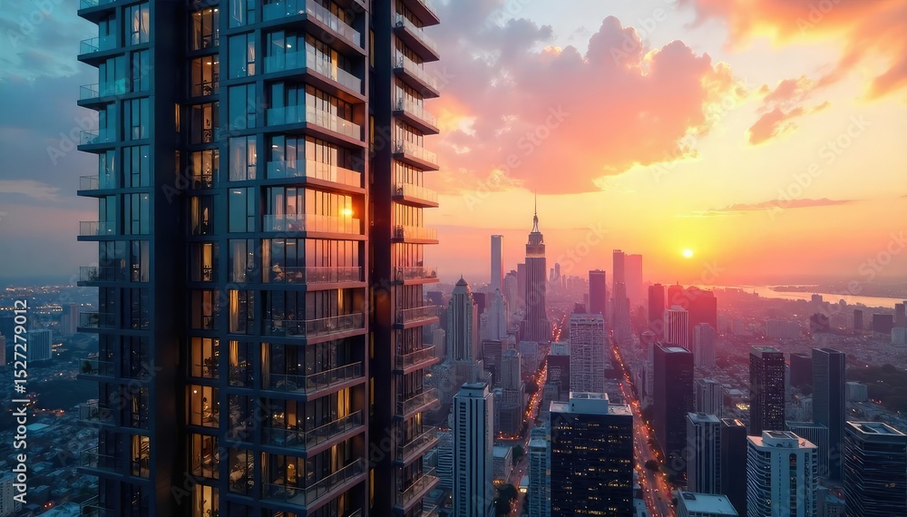Obraz premium Sleek modern glass condominium building reflecting city skyline at sunset Luxury high-rise apartment architecture, urban living, real estate , investment, twilight