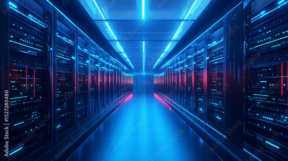 Obraz premium Futuristic Server Room Neon Lights Data Center Technology