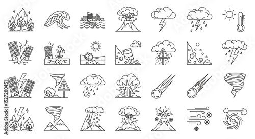 A Comprehensive Collection of Line Art Icons Depicting Various Natural Disasters and Environmental Threats for Educational Purposes