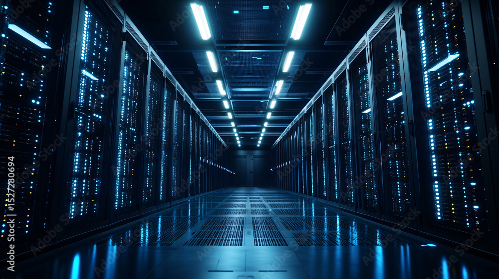 Obraz premium Futuristic Server Room Data Center Corridor with Glowing Lights