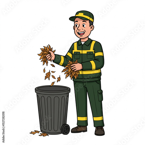  Communal cleaning worker throwing dry foliage in trashcan cartoon vector illustration