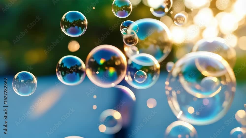 Floating iridescent bubbles catching sunlight against blurred green foliage background in a soft focus outdoor composition. Floating iridescent bubbles catching sunlight against blurred green foliage background in a soft focus outdoor composition.