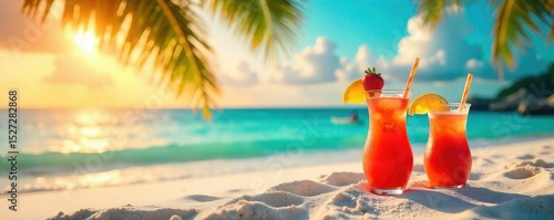 Relaxing beach scene with tropical cocktails; vibrant sunset, turquoise water, white sand, palm trees, refreshing drinks , blue, white