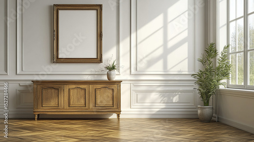 spacious living room featuring retro wooden cabinet, large windows, and natural light